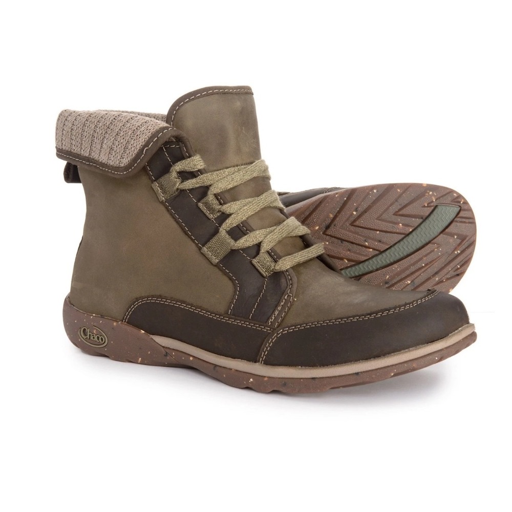 Chaco Barbary Leather Ankle Boots Fold Down Brown Green Fall Granola Girl Size 8